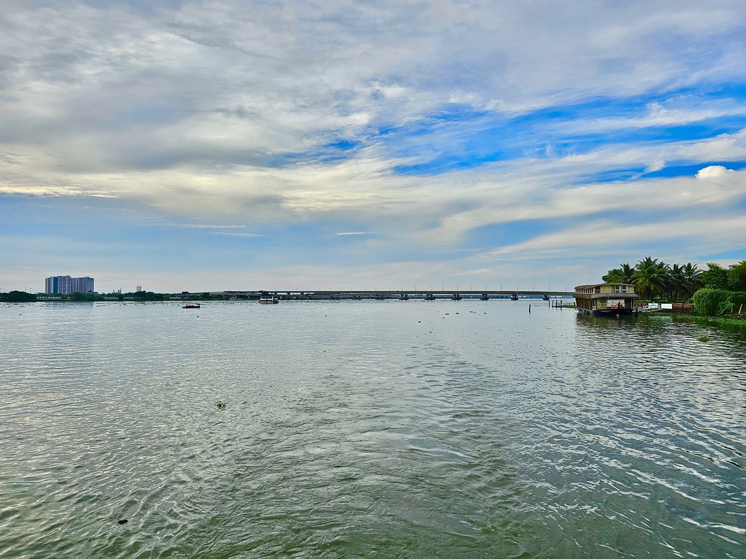 A long view of Cochin backwaters & Goshree bridges. From Ernakulam, Kerala.