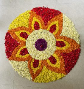 Thiruvona Pookalam (Flower carpet) of Onam. The harvest and cultural festival of Kerala, India.