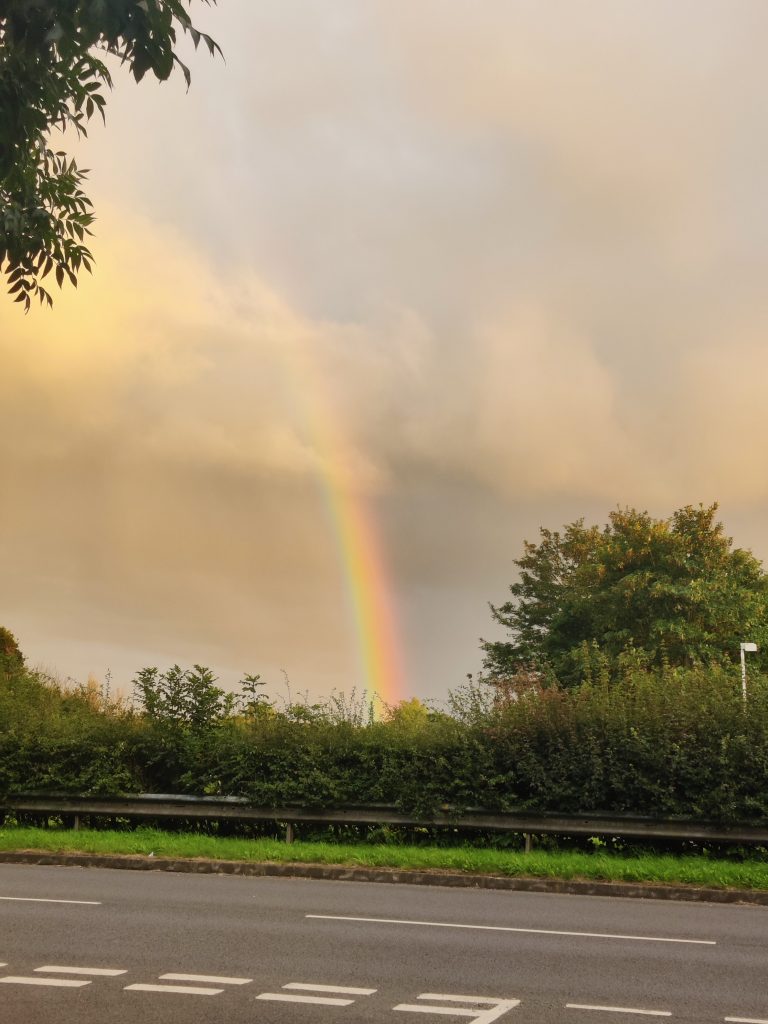 A rainbow graces the sky near a road, heralding the imminent arrival of a substantial rain shower.