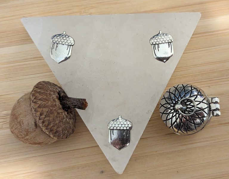 A crystal triangle with three tiny, flat metal acorns on it, with a bigger, not flat metal acorn on one side and a real acorn on the other side