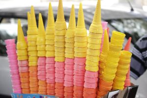 Colored ice cream cones, stacked. In Mysore Palace