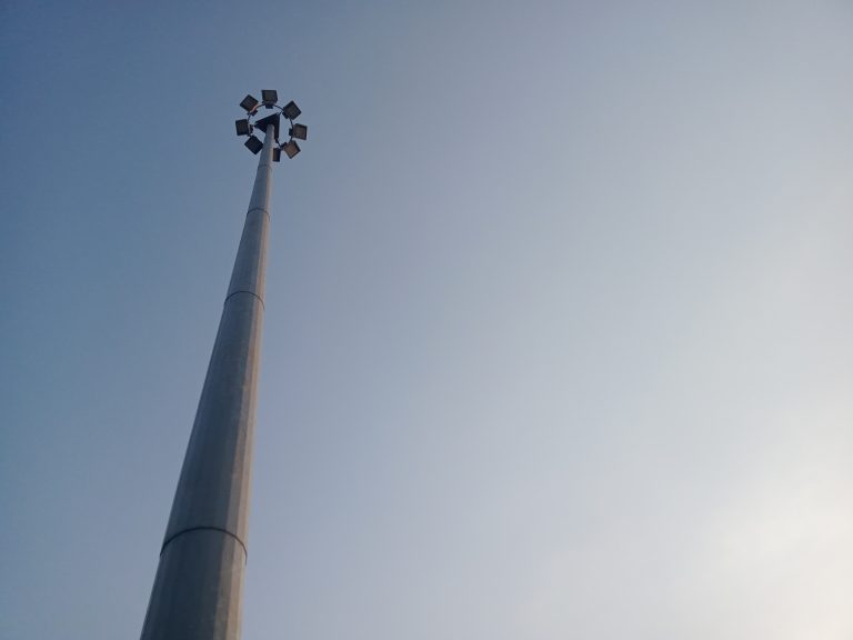 A cluster of lights on a lighting pole at the front of the Masjid Agung Demak, also known as the Demak Great Mosque. The building is also known as the Demak Great Mosque, located in Central Java.