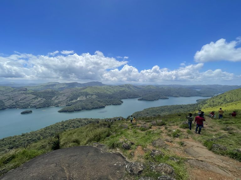 People standing on a grassy hillside looking out onto a lush mountainous, lake vista