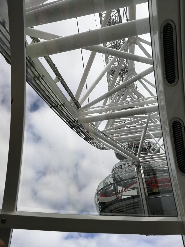 A detailed view of the Ferris wheel “London Eye” in London. The photo shows the metal construction and parts of the cabin nearby.
