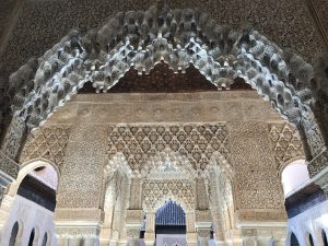 Extremely elaborate lace-like ceiling decoration in the Alhambra palace
