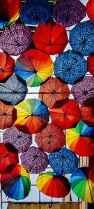 Hanging Umbrellas as a decoration element in a resort.