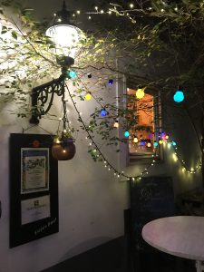 Fairy lights at night in a restaurant garden in Vienna