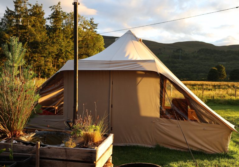 All season tent in evening sunlight, small pond and tree in the foreground, field, hill and trees behind it.