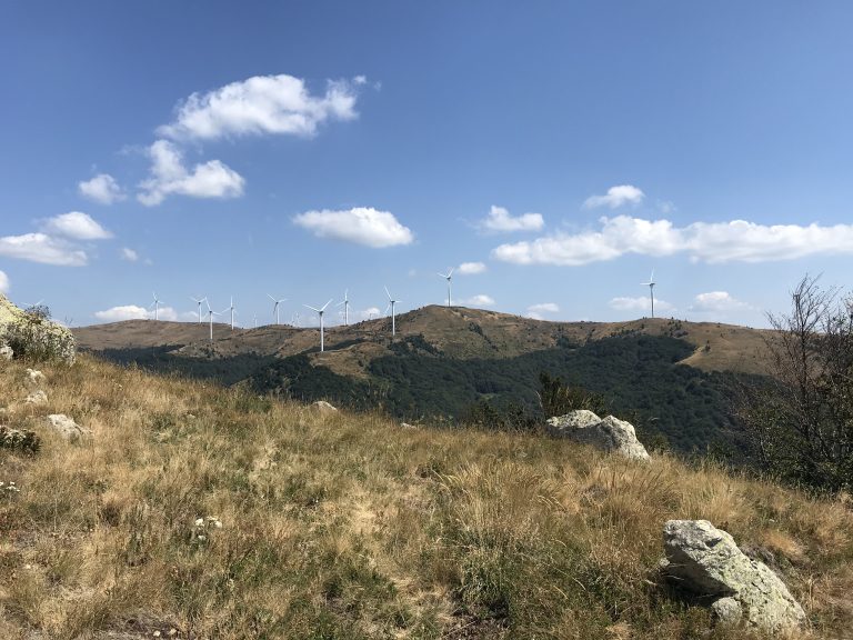 Hill view of a wind park in Bulgaria