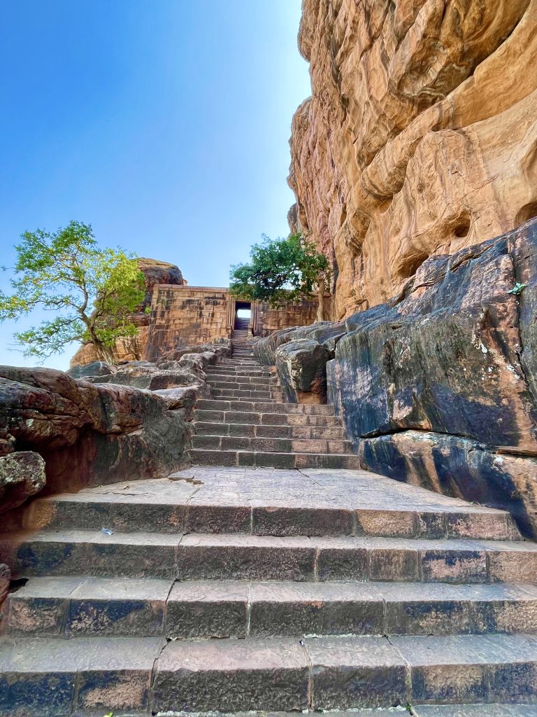 The steps to the fourth cave Temple of Badami. A 7th century monument located in Karnataka, India
