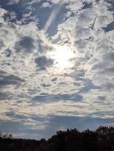 The sun shining through cloudy skies over the tree line 