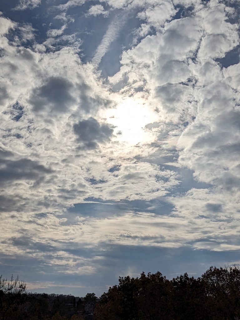 The sun shining through cloudy skies over the tree line