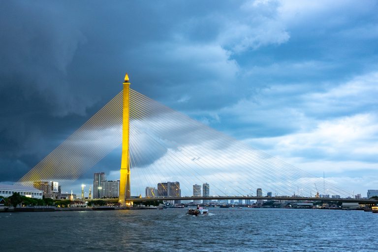 The Rama VIII Bridge in Bangkok, Thailand, in the evening