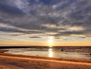 A mesmerizing sunset casts a golden hue over a tranquil beach.
