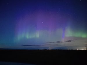 A captivating display of the Northern Lights paints the night sky in shades of purple, blue, and green. Ethereal curtains of light dance above a vast, darkened landscape. Stars twinkle in the backdrop, and distant lights hint at a far-off horizon. The phenomenon radiates a mystical aura.