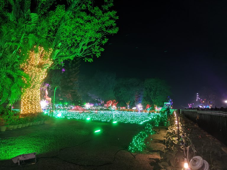 Celebrated as the Founder’s Day, the flagship event happens every year at Jamshedpur on March 3 to pay tributes to the founder’s vision of an industrial future with community welfare at its core. There are many led lights, green red yellow arranged so they represent flowers, trees, grass or bushes.