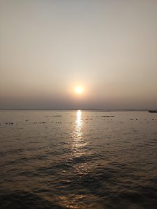 The dusk moment in the center of Megna River, Chandpur District, Bangladesh. 