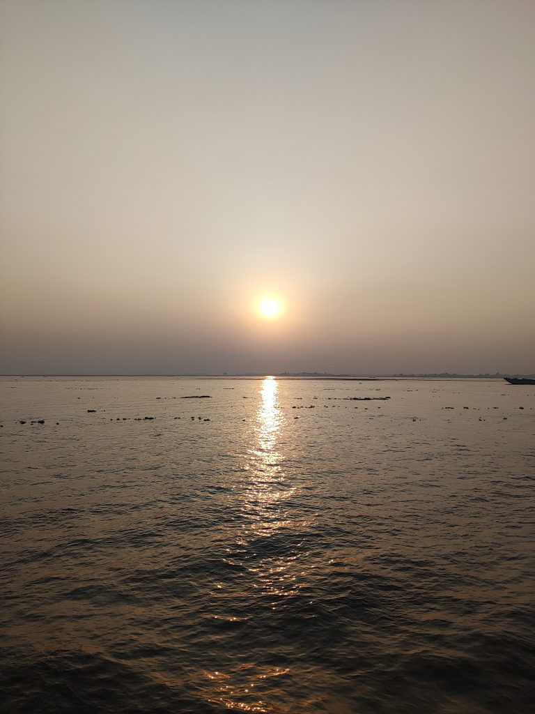 The dusk moment in the center of Megna River, Chandpur District, Bangladesh.