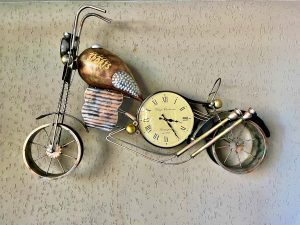 A vintage clock. Designed like a motorcycle. From Jaipur, Rajasthan.