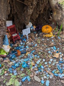 The home of a tiny gnome, inside a little part of a tree, with blue pebbles around. This was found in Pittsburgh's Schenely Park 