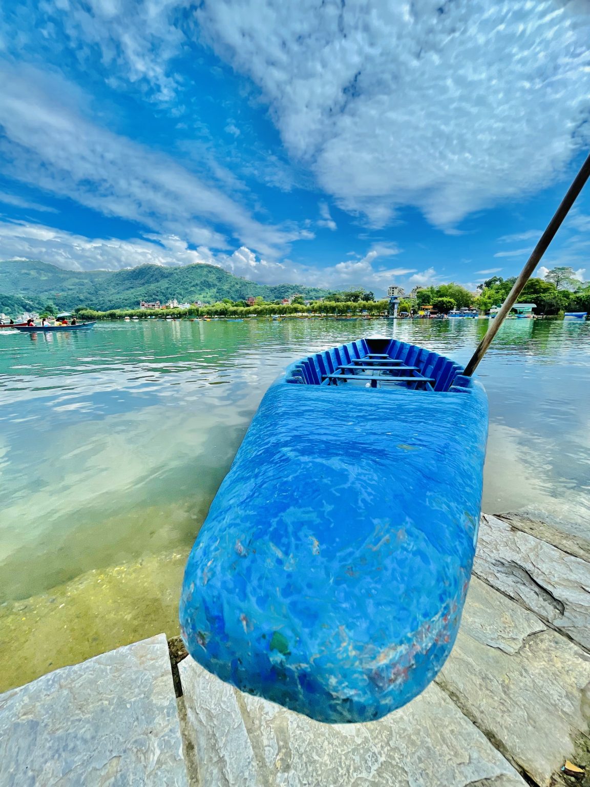 Close angle of a boat resembles shark. From Tal Barahi Temple, Pokhara, Nepal.