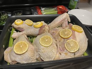 Turkey in a pan, right before going in the oven. Covered in lemon slices.