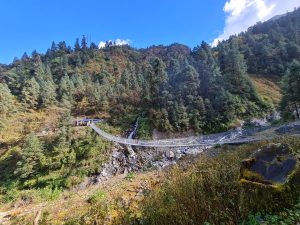 Long suspension bridge that spans two mountains, you'll find a vivid blue sky, a lush green forest, and rugged rocks below.