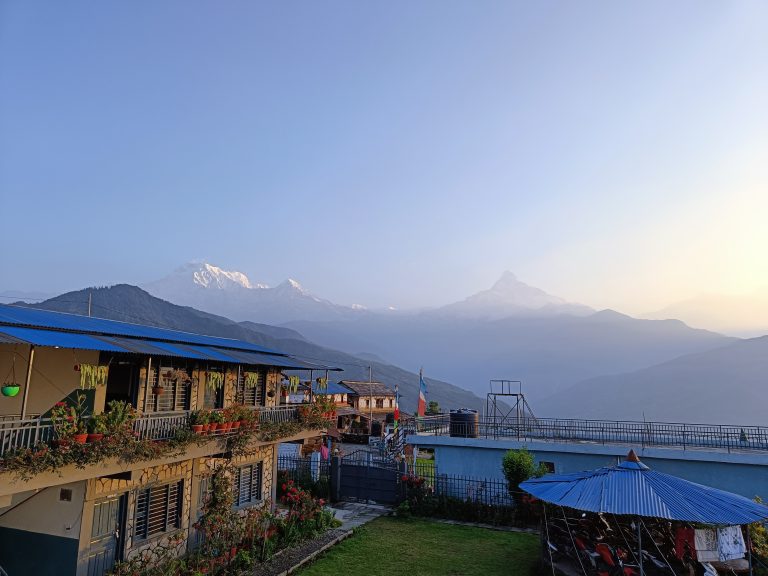 Machhapuchhre Mountain seen from a village of Nepal