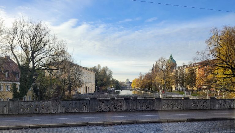 View from a bridge over the Isar river in Munich, Germany