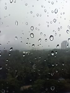 Focused image of raindrops on a glass window.