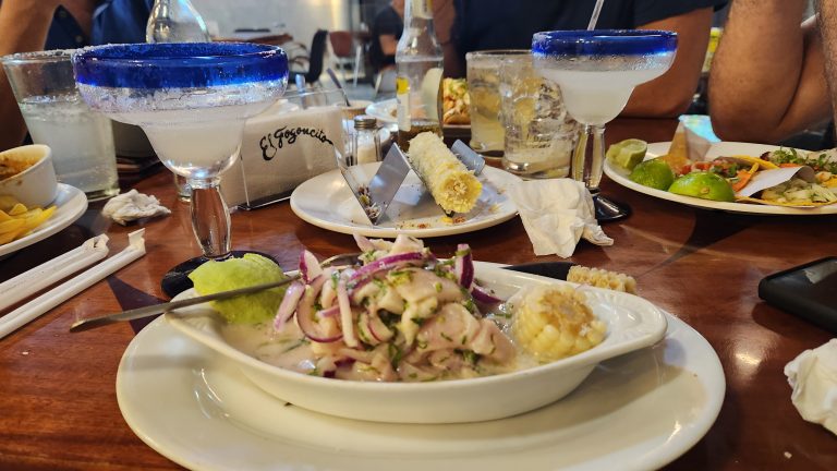 Ceviche with red onion 2 glasses blue rim Margarita