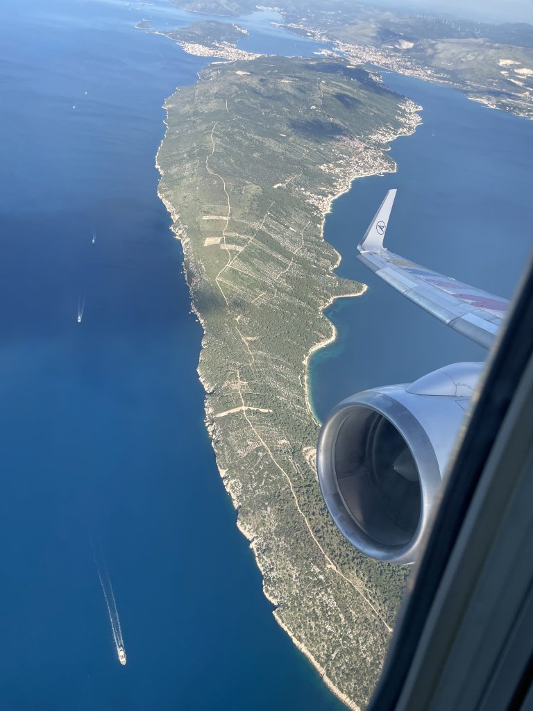 A breathtaking sea view unfolds during takeoff from Split Airport in Croatia.