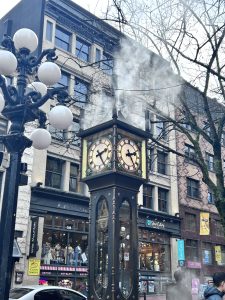 Gastown Steam Clock- steam whilstles sounding at ehe top every hour, Vancouver BC!