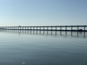 Long bridge over a river in Nepal.