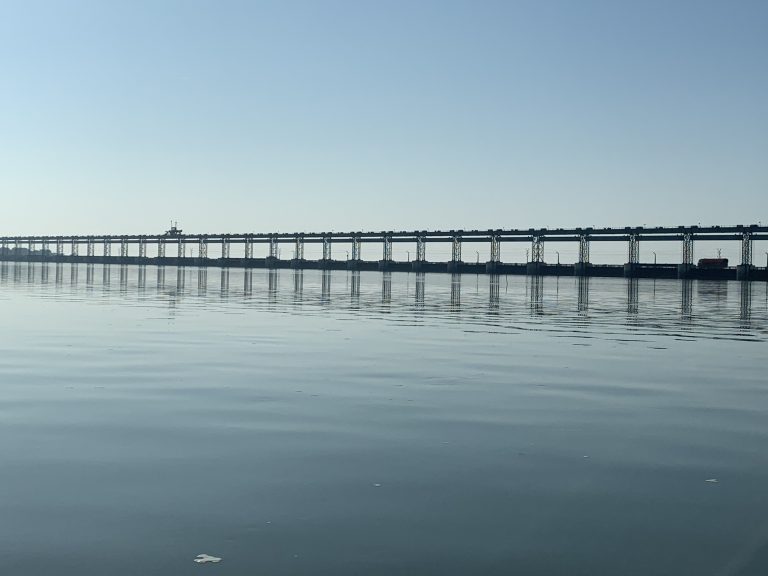 Long bridge over a river in Nepal.