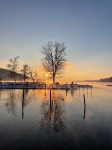A tranquil lake scene at sunset with a leafless tree silhouetted against the golden sky, mist rising from the water surface.
