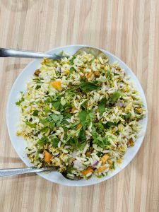 Chatpate – A plate full of puffed rice, lemon, veggies and some other ingredients. 
