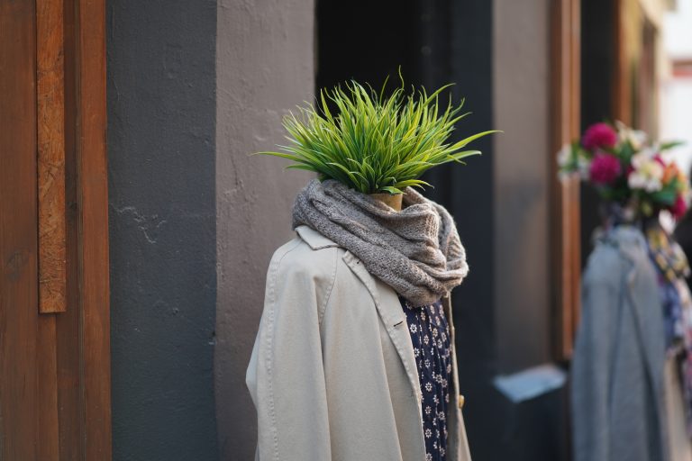 Mannequin with a flowerpot instead of a head.