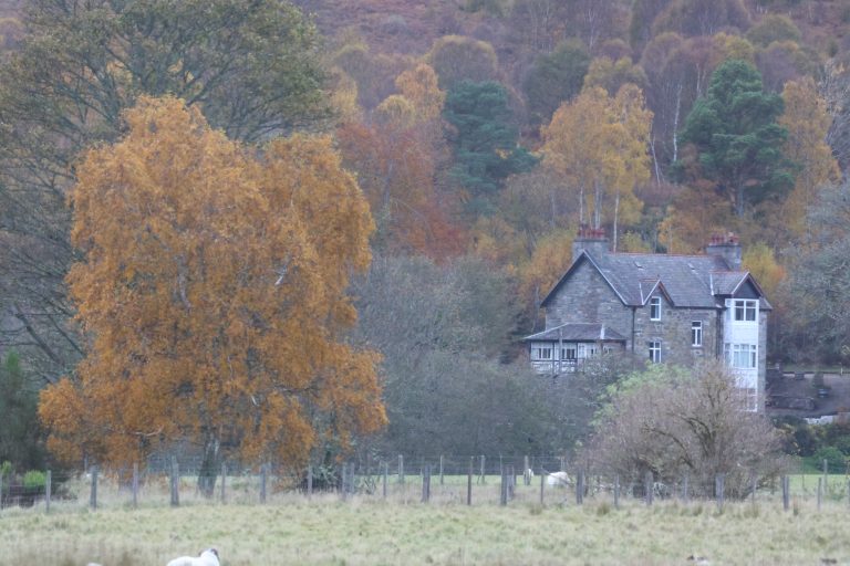 Vista on an overcast day across fields looking on Autumn trees, 3 storey stone house, Scotland