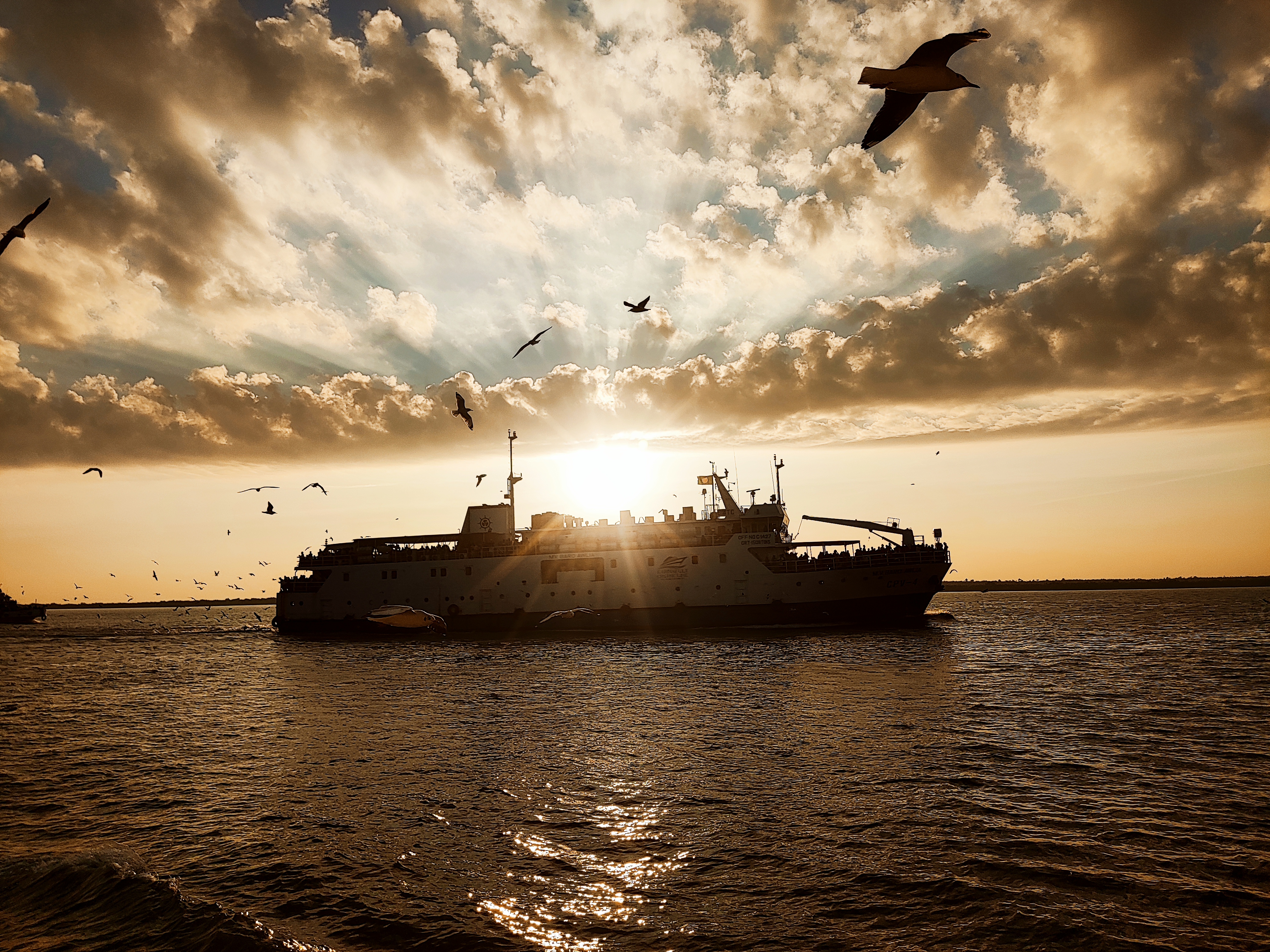 A cruise liner in the ocean during sunset.