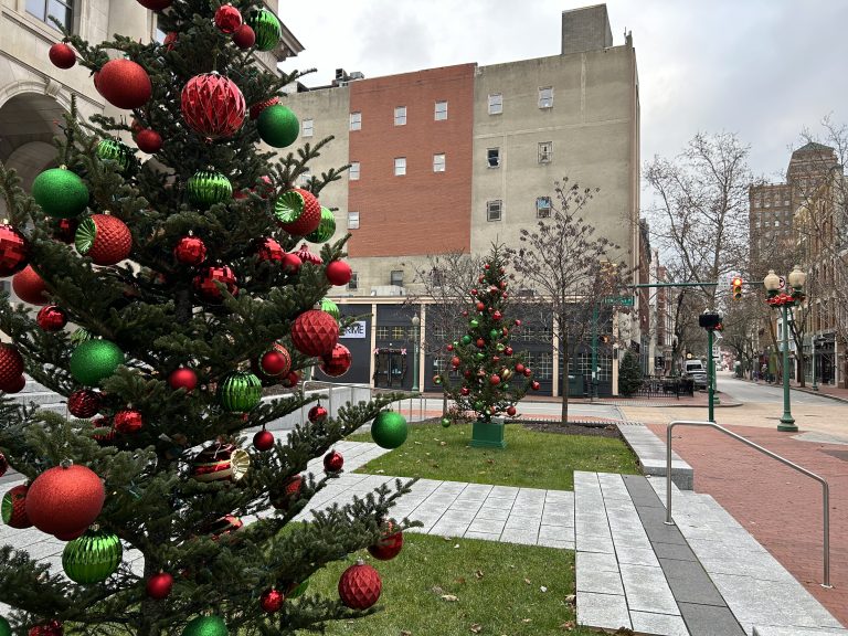 Holiday decorations in the neatly manicured courtyard in front of the library. Kanahwa County Public Library, Charleston, Kanahwa County, West Virginia