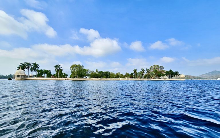 A long view of Nehru Garden. An small island in Fateh Sagar Lake, Udaipur, Rajasthan.