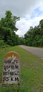 A stone sign on the side of a road in a green forest.