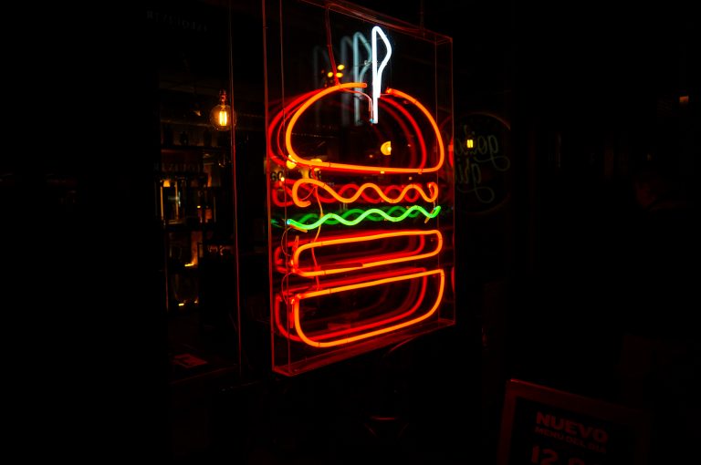 Neon sign of a hamburger