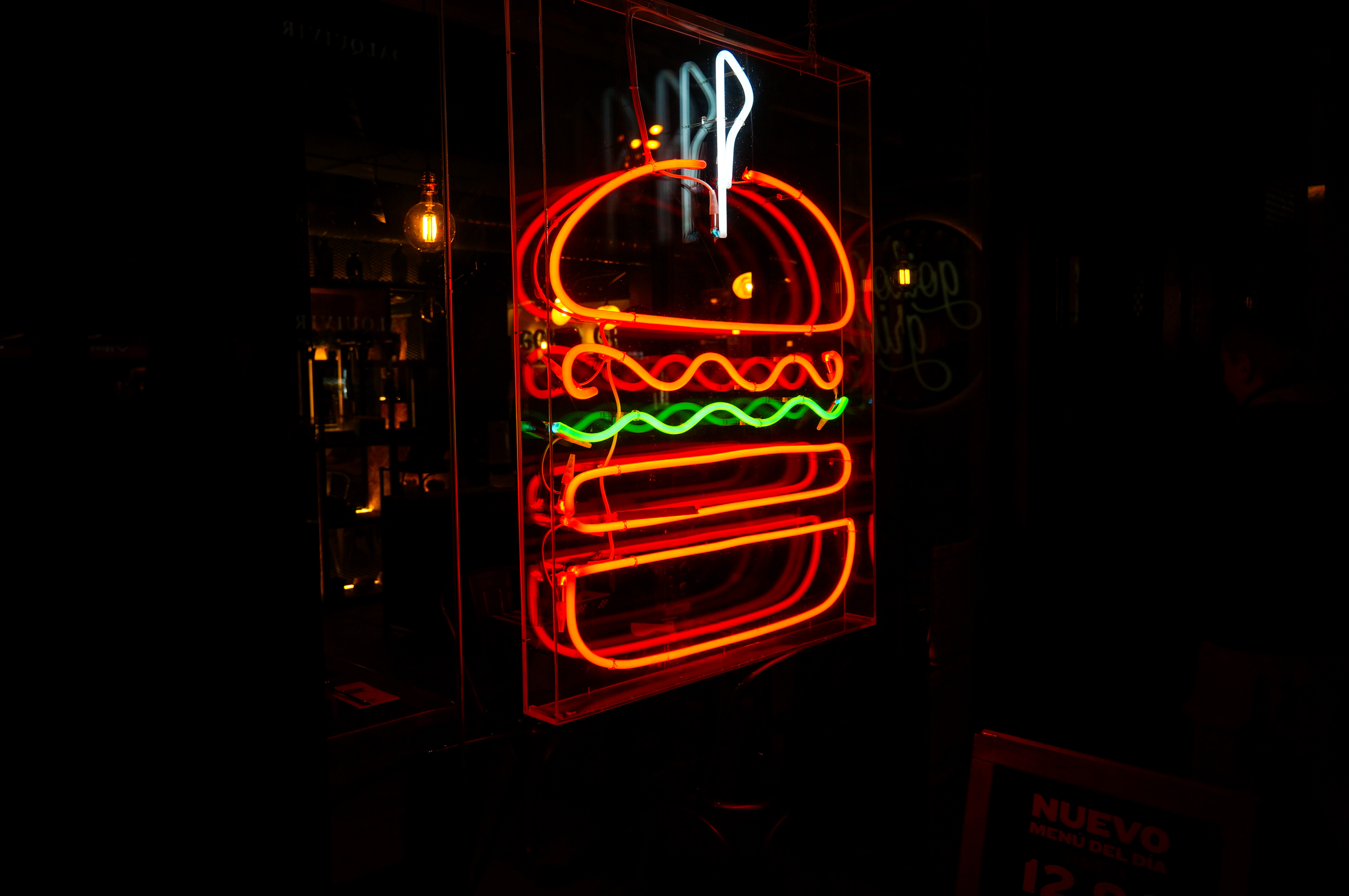 Neon sign of a hamburger