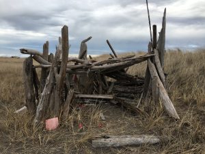 A structure built with driftwood in the dunes in Ocean Shores, Washington by the Pacific Ocean
