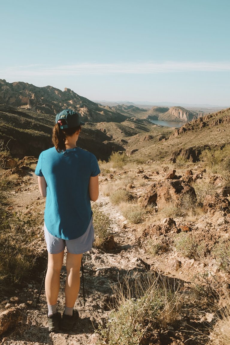 Person hiking pausing to look out over the rocky desert landscape in the distance, including a body of water.