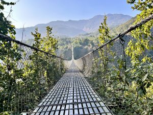 View larger photo: Long suspension bridge, lush greenery, and a clear sky