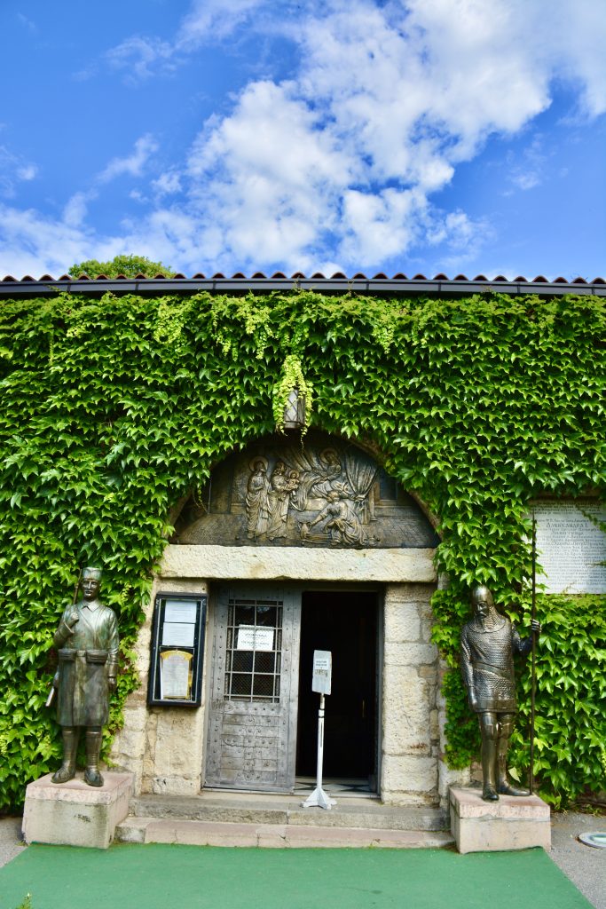 The entrance of greenish Ružica Church. Located in Belgrade Fortress, Serbia.
