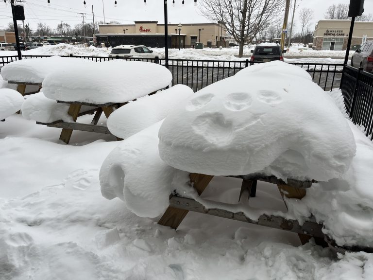 Snow piled on picnic tables outside a restaurant.